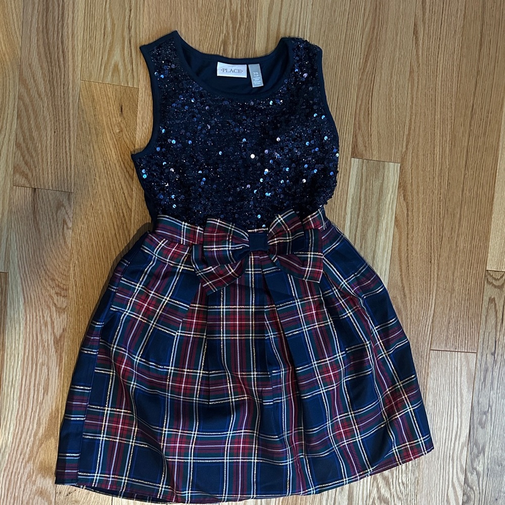 The Children's Place Blue Sequin Top with Plaid Skirt Dress